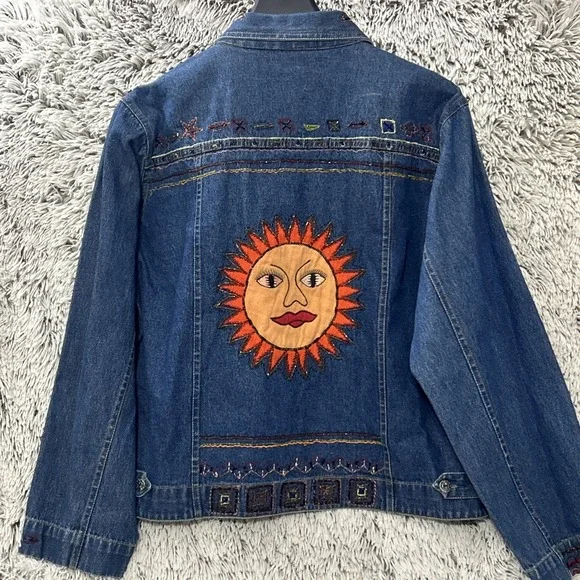 Vintage 90's Artsy Bohohemian Whimsy Celestial Beaded Aztec Denim Jacket Medium - Picture 1 of 11